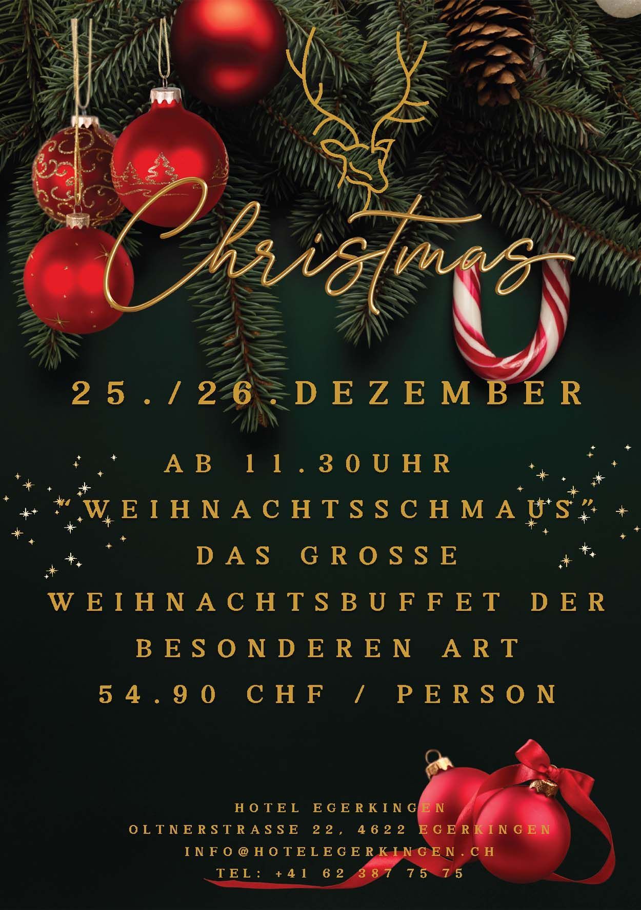 Flyer für das Weihnachtsbuffet: grüner Hintergrund, rote Ornamente, goldene Schrift, 54,80 CHF pro Person, 25.-26. Dezember.