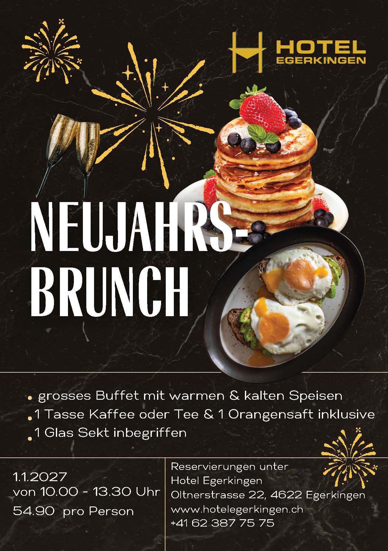 Plakat für einen Neujahrsbrunch im Hotel Egerkingen mit Essen und Feuerwerk.
