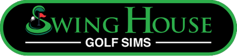 Logo for Swing House Golf Sims: black oval with green border, green text, golf icon.