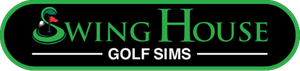 Logo for Swing House Golf Sims: black oval with green border, green text, golf icon.