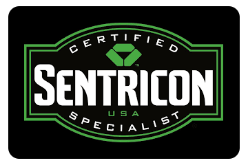 Certified Sentricon USA Specialist logo in black, white, and green with shield emblem and bold text