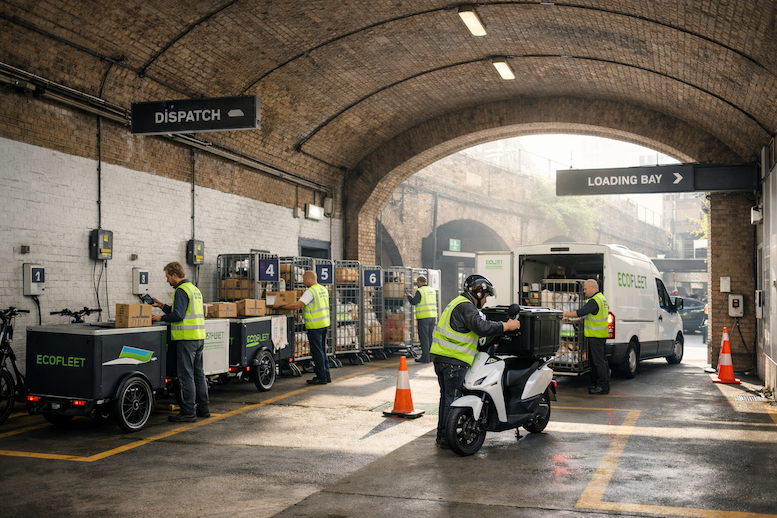 Workers in high-vis vests sort packages near vans and a scooter under a brick archway.