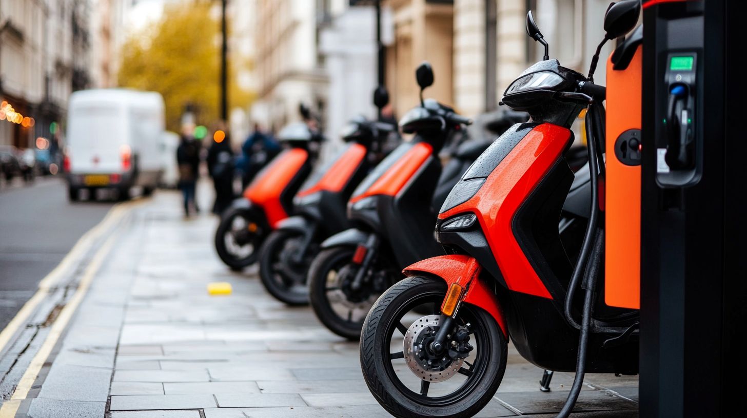 A row of red electric mopeds charging, for the E-Moped Fleets card