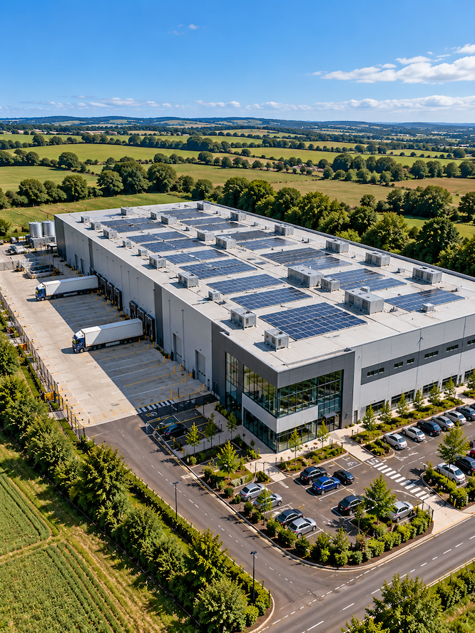 Aerial view of a large flat-roofed industrial building