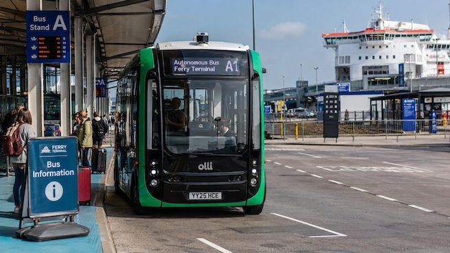 Autonomous bus at a ferry terminal for the Autonomous Public Transport card