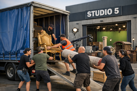Film set logistics truck loading with set furniture, for the TV and Film Production Vehicles card
