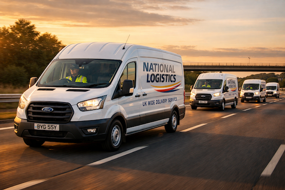 Fleet of vans driving in convoy along a motorway, for the Fleet Finance card