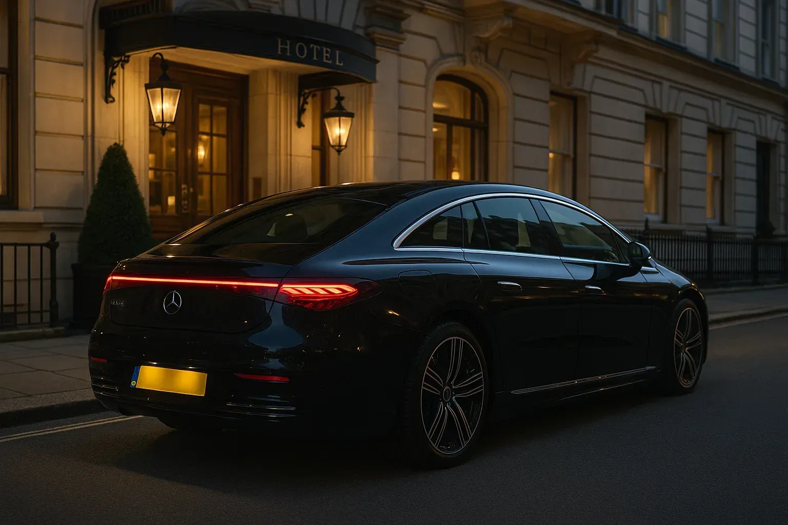 Mercedes EQS chauffeur vehicle outside a luxury hotel at dusk, for the Executive and Chauffeur Vehicles card
