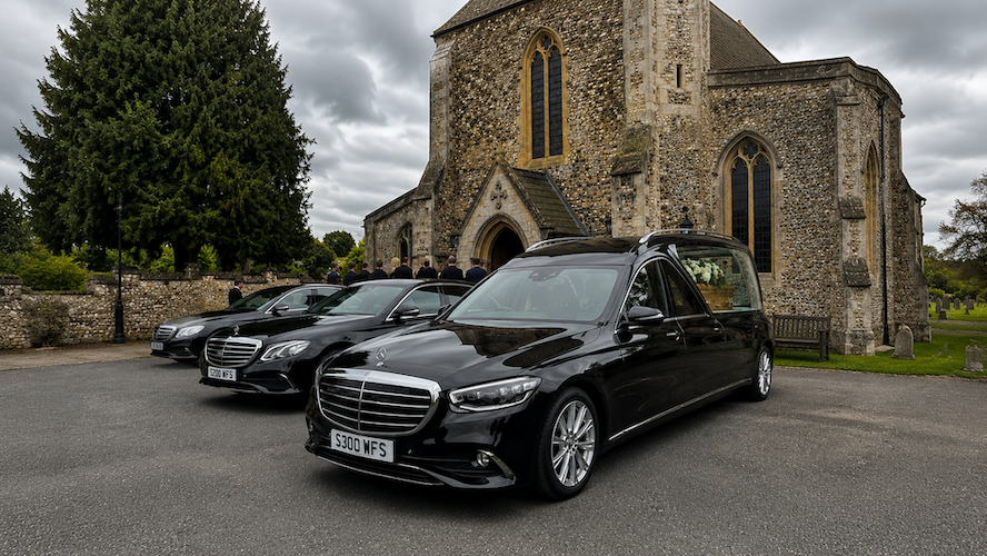 Mercedes funeral hearse outside a church service, for the Funeral Vehicles card
