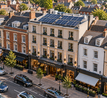 Aerial view of a large multi-storey building roof, illustrating the more modest roof area relative to floor space typical of care homes and hotels