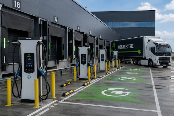 Electric vehicle charging station at a commercial loading dock