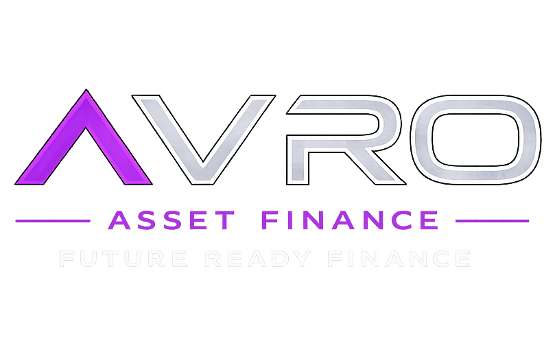 A logo for avro asset finance with a purple triangle