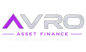 A logo for avro asset finance with a purple triangle