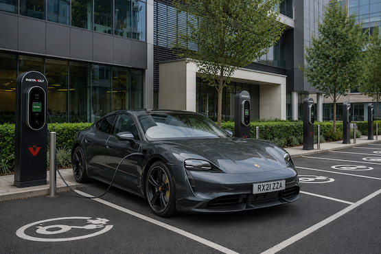 Electric vehicle plugged into a charging point during the day