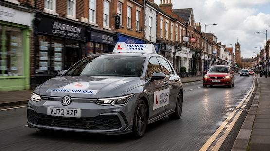 Driving instructor with a student driving in a town in a dual-control training car