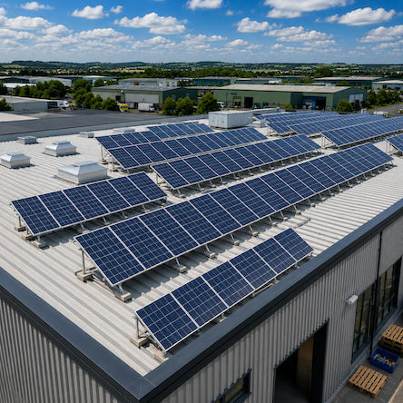 Aerial view of a large flat-roofed industrial building, illustrating the type of roof structure a solar survey needs to assess