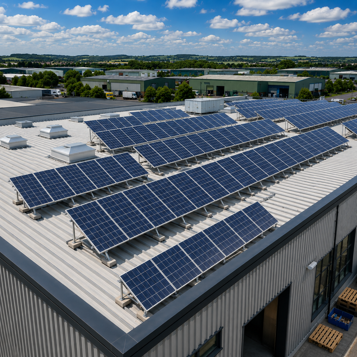 Aerial view of a logistics warehouse roof covered in commercial solar panels, with freight trucks at the loading docks