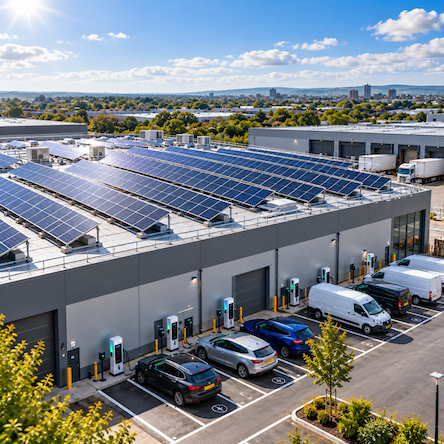 Aerial view of a logistics warehouse roof covered in commercial solar panels, with freight trucks at the loading docks