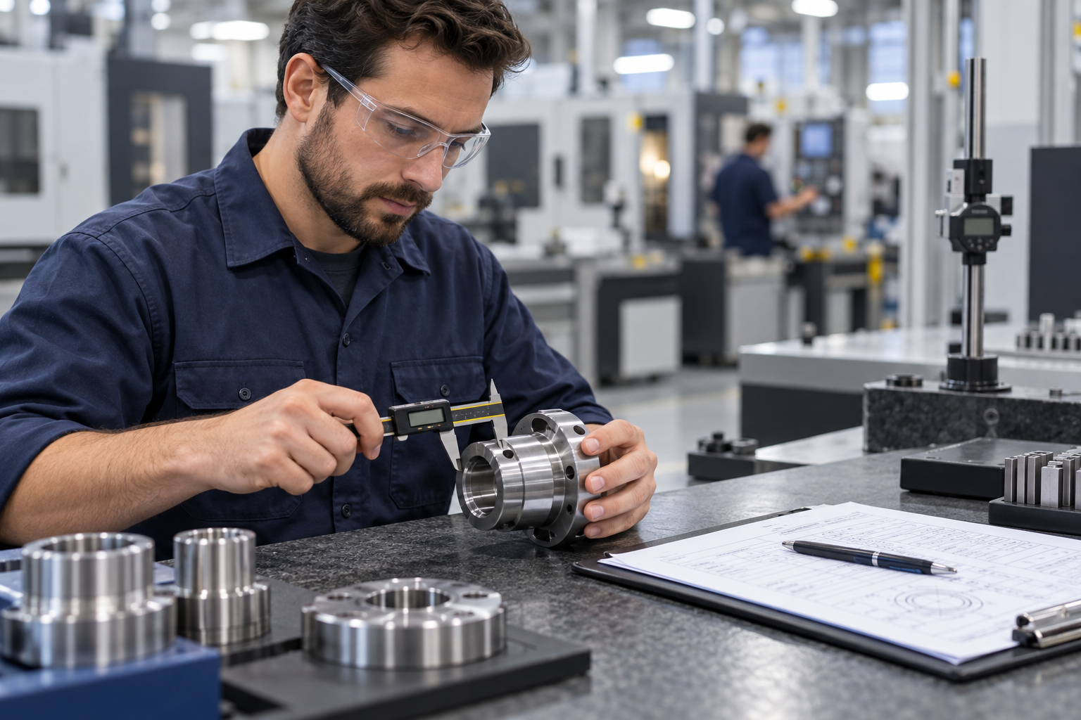 Quality assurance professional measuring a machined component beside inspection records