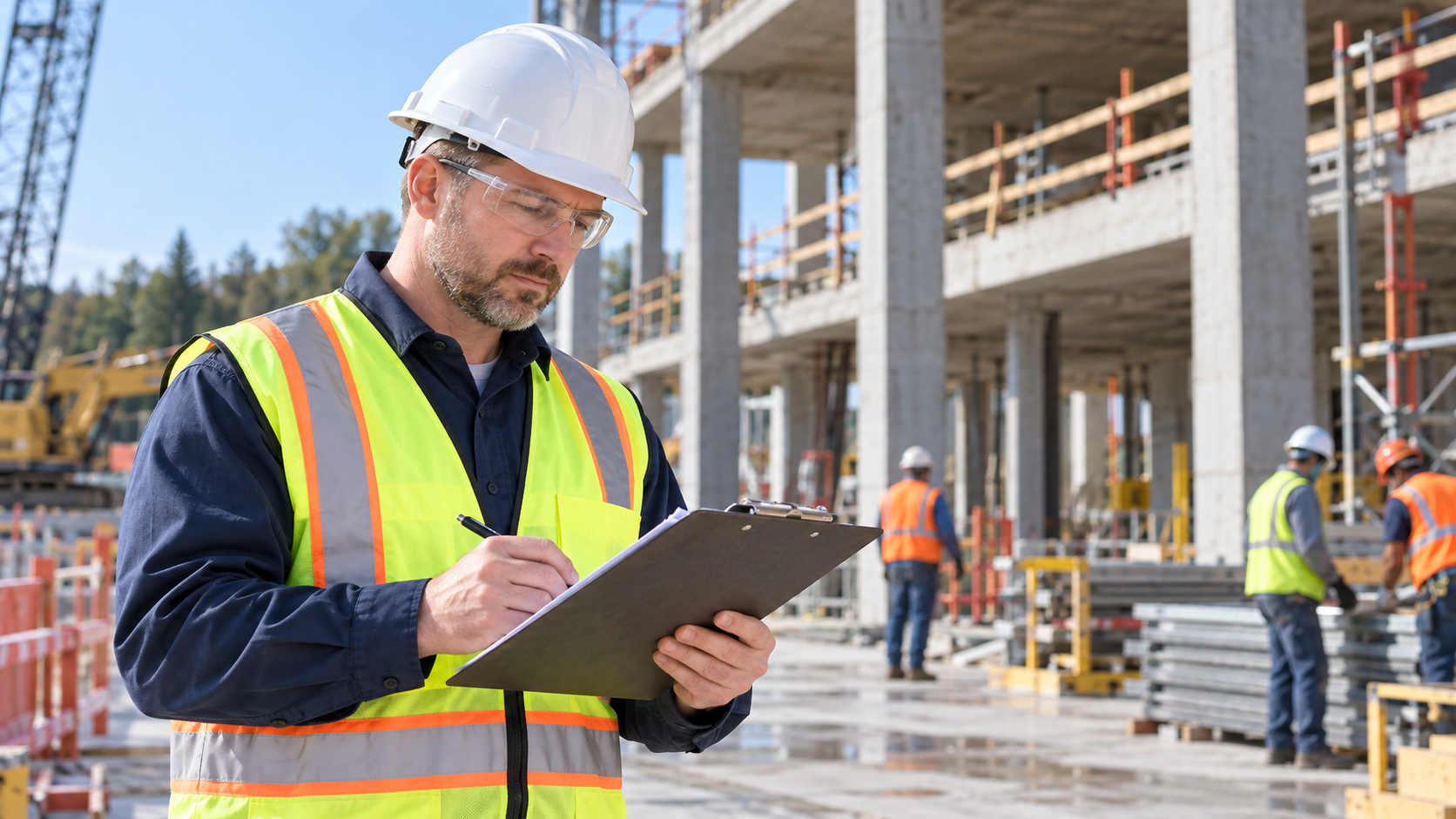 Safety inspector reviewing a construction site with clipboard and protective equipment