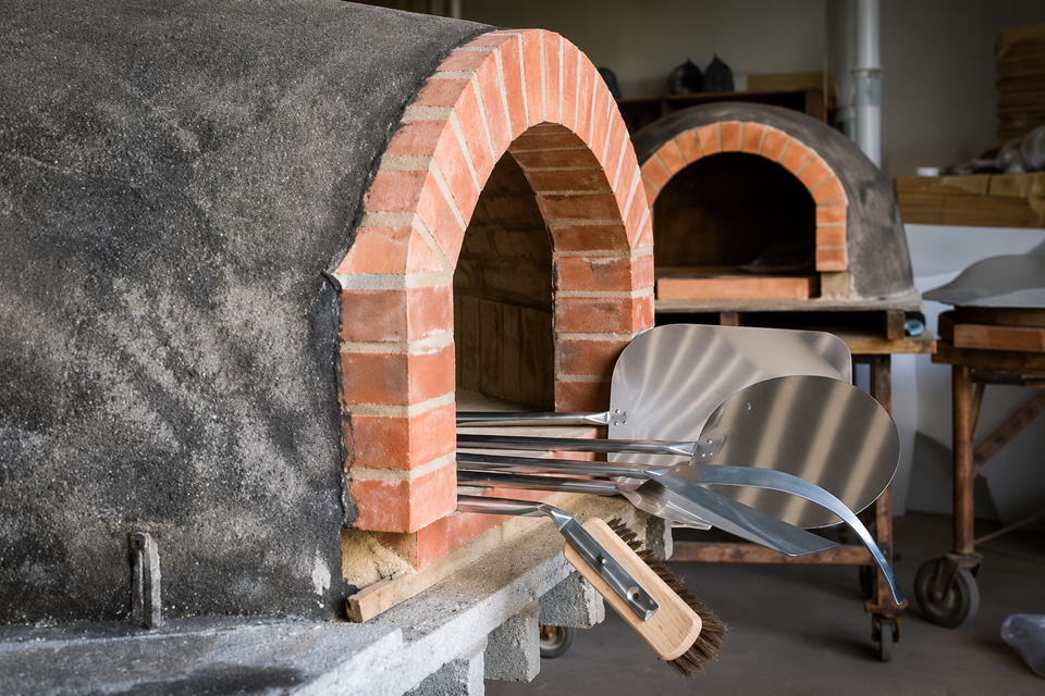 Forno in mattoni con apertura ad arco e pala in metallo in un'officina, con un secondo forno sullo sfondo.