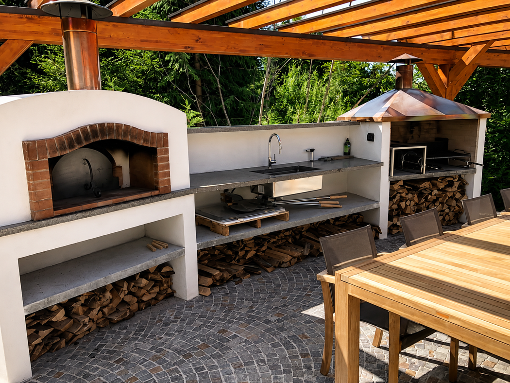 Cucina esterna con forni in stucco bianco, piano di lavoro in pietra, deposito legna e tavolo in legno sotto un pergolato.