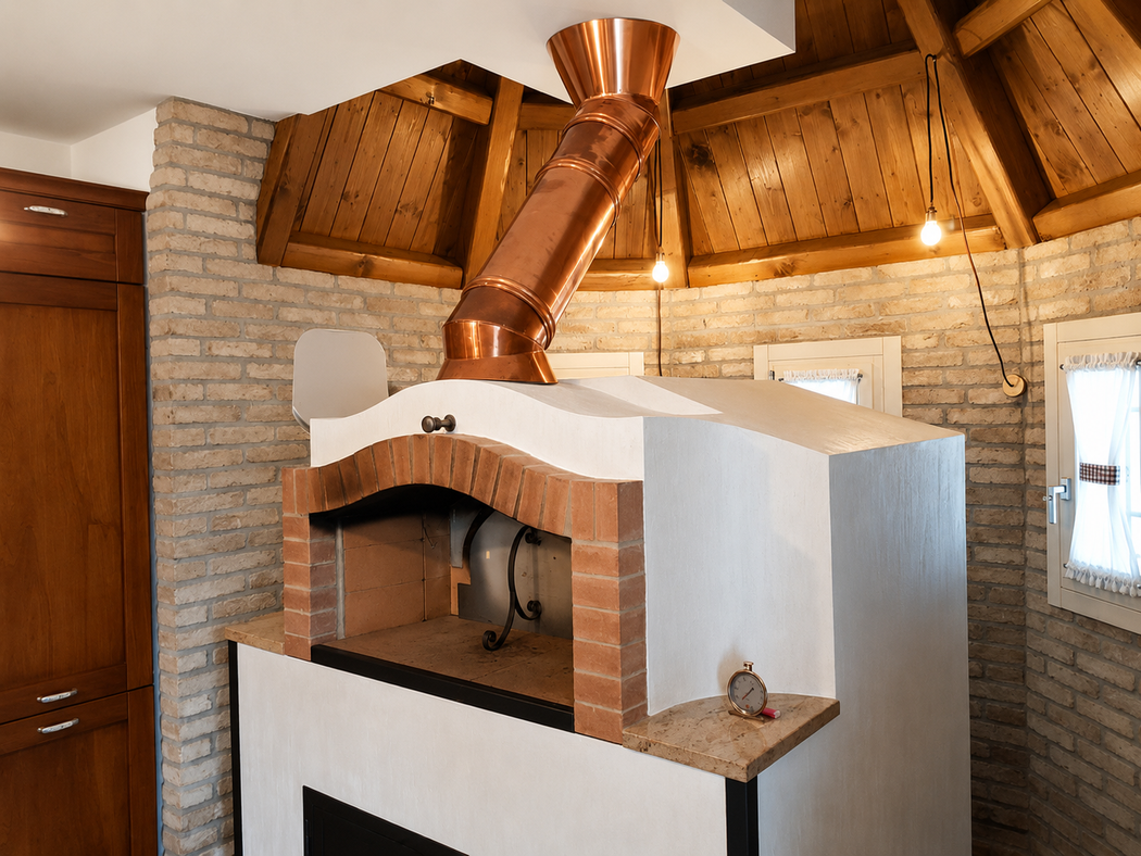 Cucina accogliente con forno a legna per pizza, mobili in legno e ripiani in marmo.