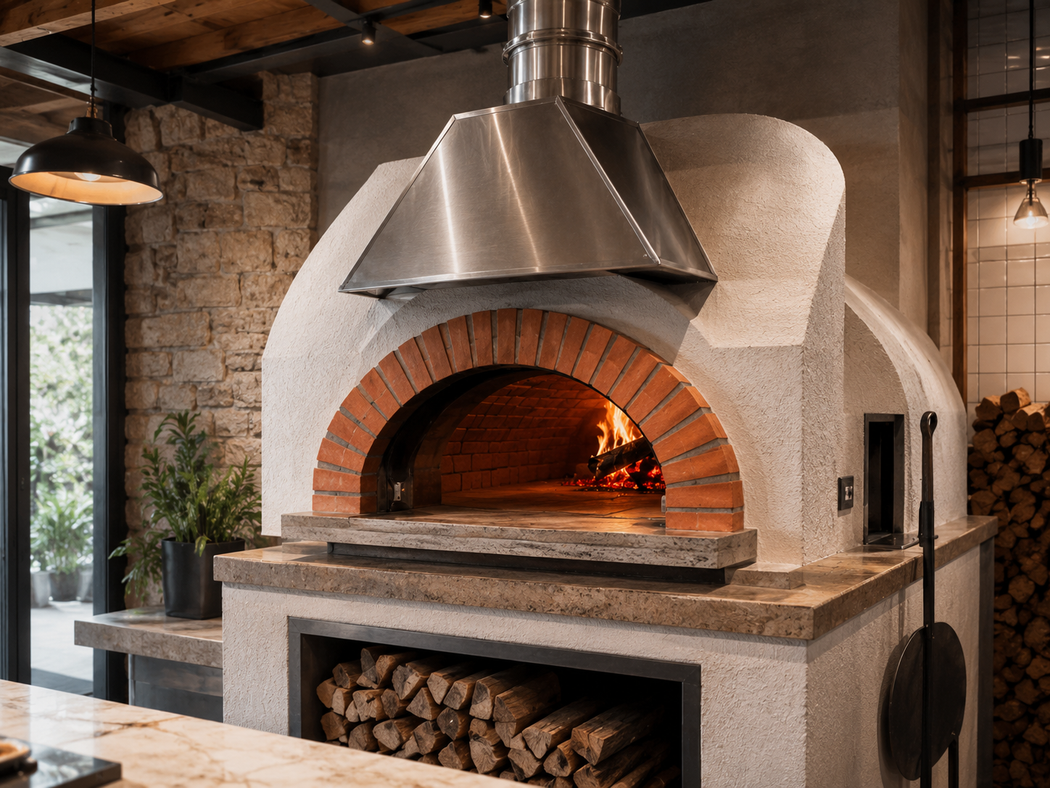Forno in pietra a legna con cappa in metallo in una cucina rustica di un ristorante.