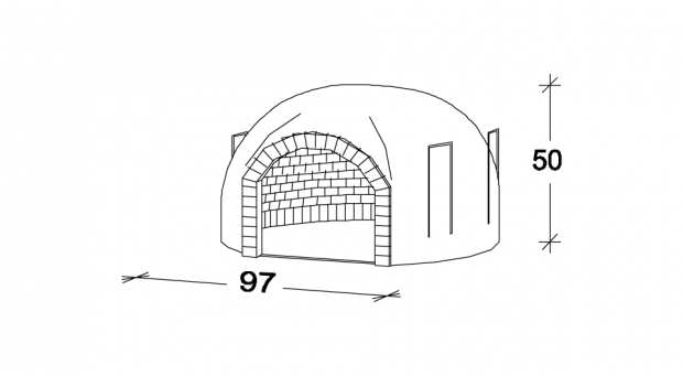 Schizzo quotato di un forno in mattoni a forma di cupola, con dimensioni di 97 di larghezza e 50 di altezza.