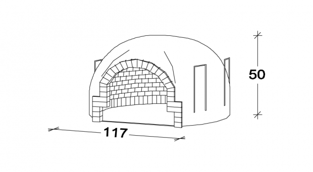 Schizzo di un forno a cupola in mattoni con dimensioni indicate di 117 di larghezza e 50 di altezza.