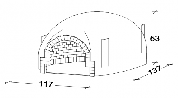 Schema dimensionale di un forno a mattoni, vista frontale e laterale, con le etichette 117, 137 e 53.