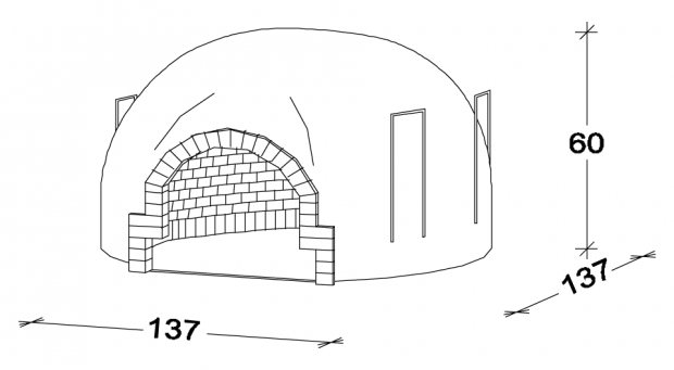 Disegno schematico di un forno a cupola con apertura ad arco, con dimensioni di 137 x 137 x 60 mm.