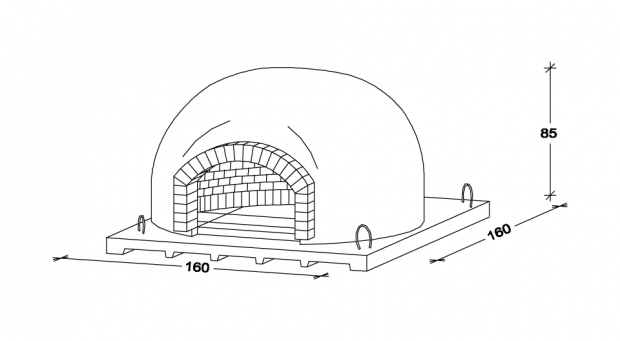 Disegno tecnico di un forno a cupola in mattoni con dimensioni indicate con i valori 180, 180 e 85.