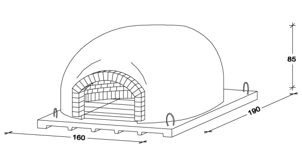 Disegno schematico di un forno o fornace a forma di cupola con apertura frontale e frecce di quotatura.