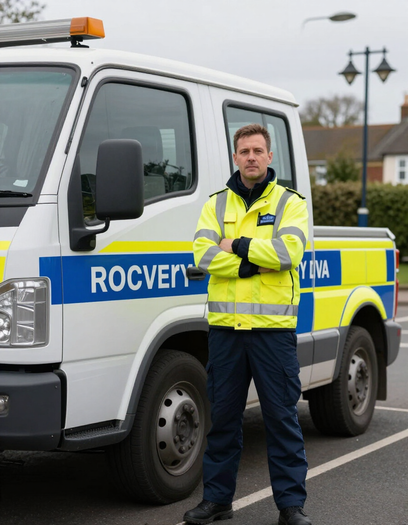 Professional recovery driver beside recovery truck