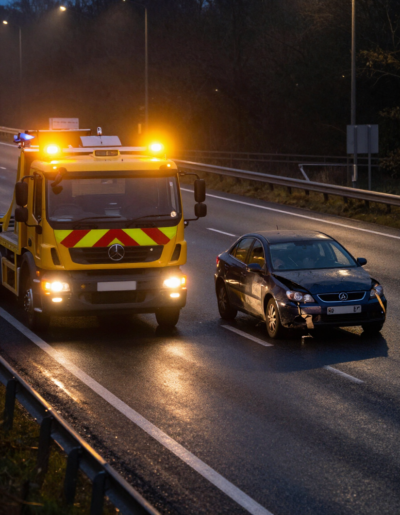 Recovery truck loading a broken-down car on the motorway hard shoulder at night