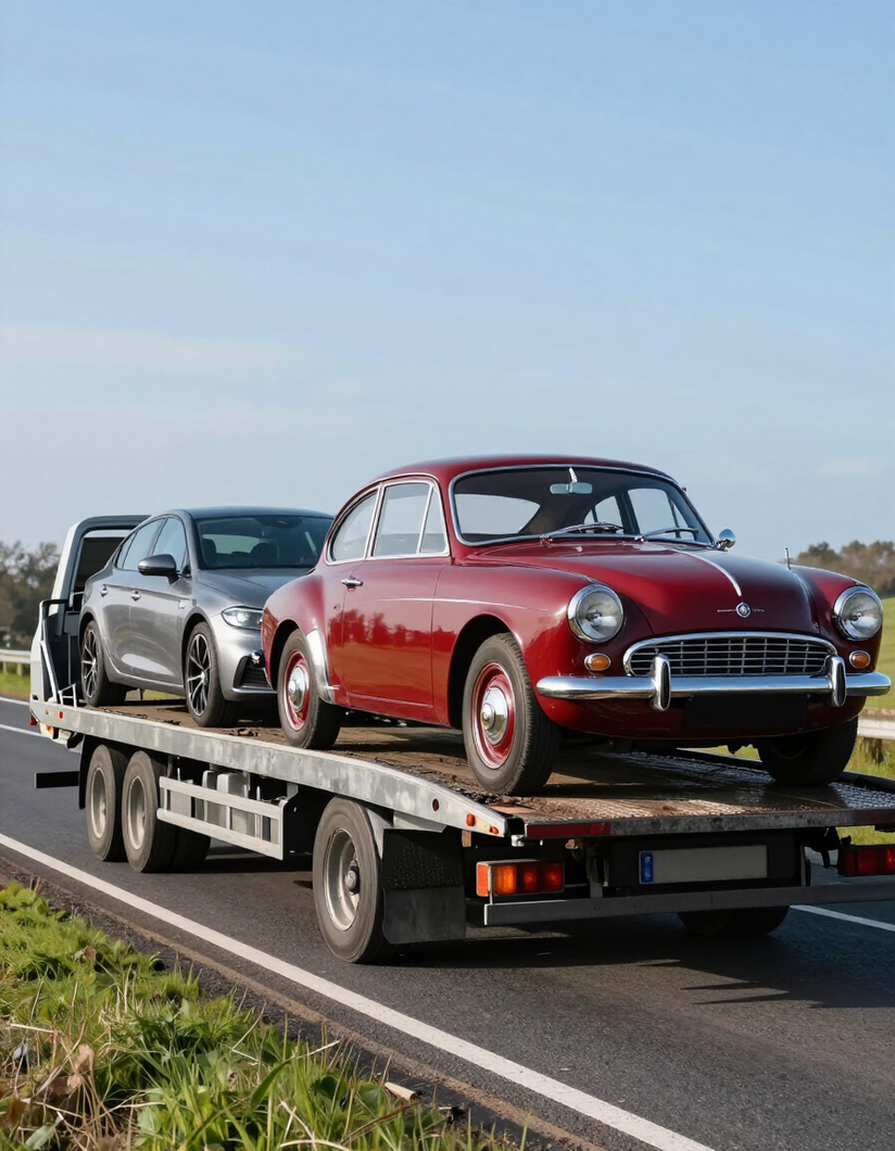 Flatbed car transporter carrying a classic and modern vehicle on a UK road