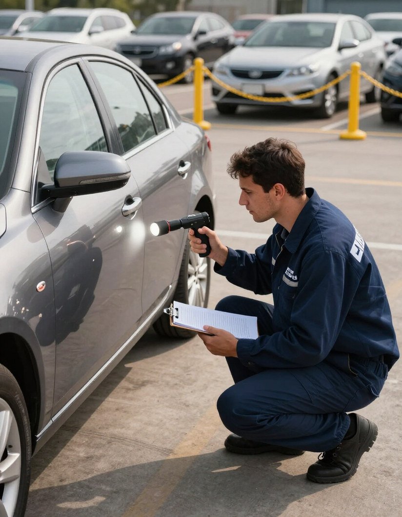 Technician in branded workwear examining a used car with a torch and clipboard