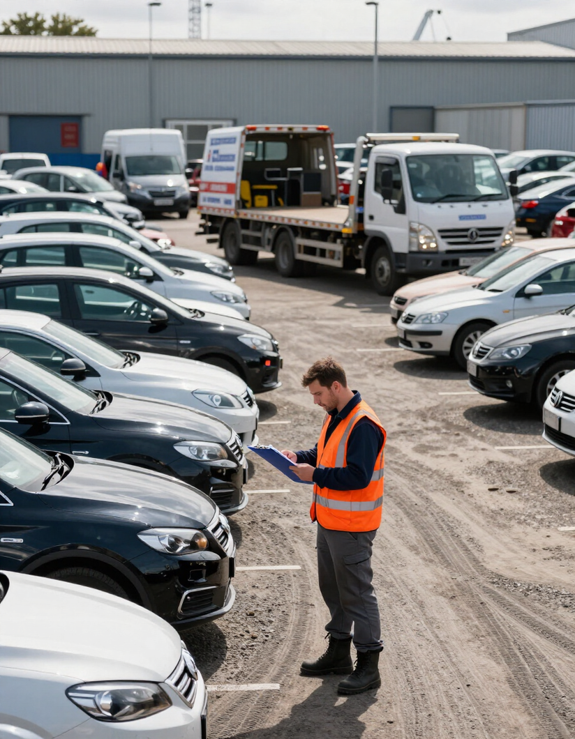 Vehicle auction compound with transport truck and driver inspecting a car with a clipboard