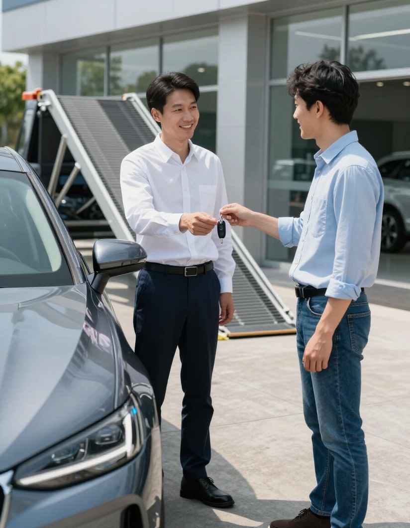 Delivery driver handing keys to a customer outside a car dealership with a vehicle transporter visible