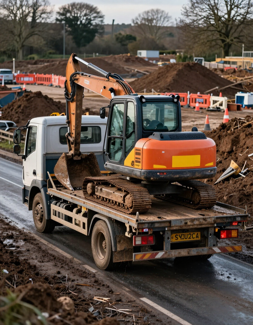 Low-loader trailer transporting a mini digger on a UK road with a construction site in the background