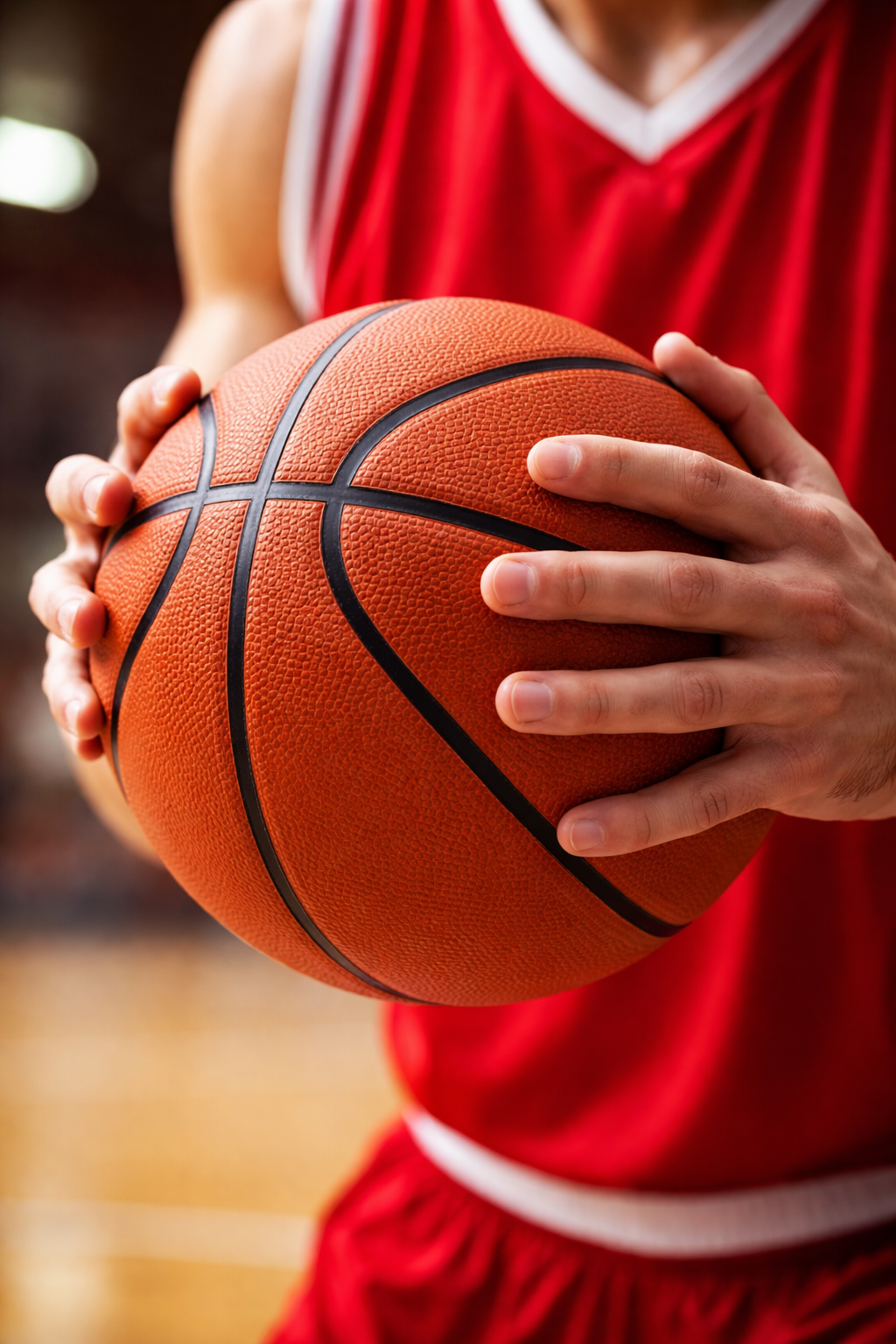 Giocatore di basket in uniforme rossa che tiene in mano un pallone da basket arancione.
