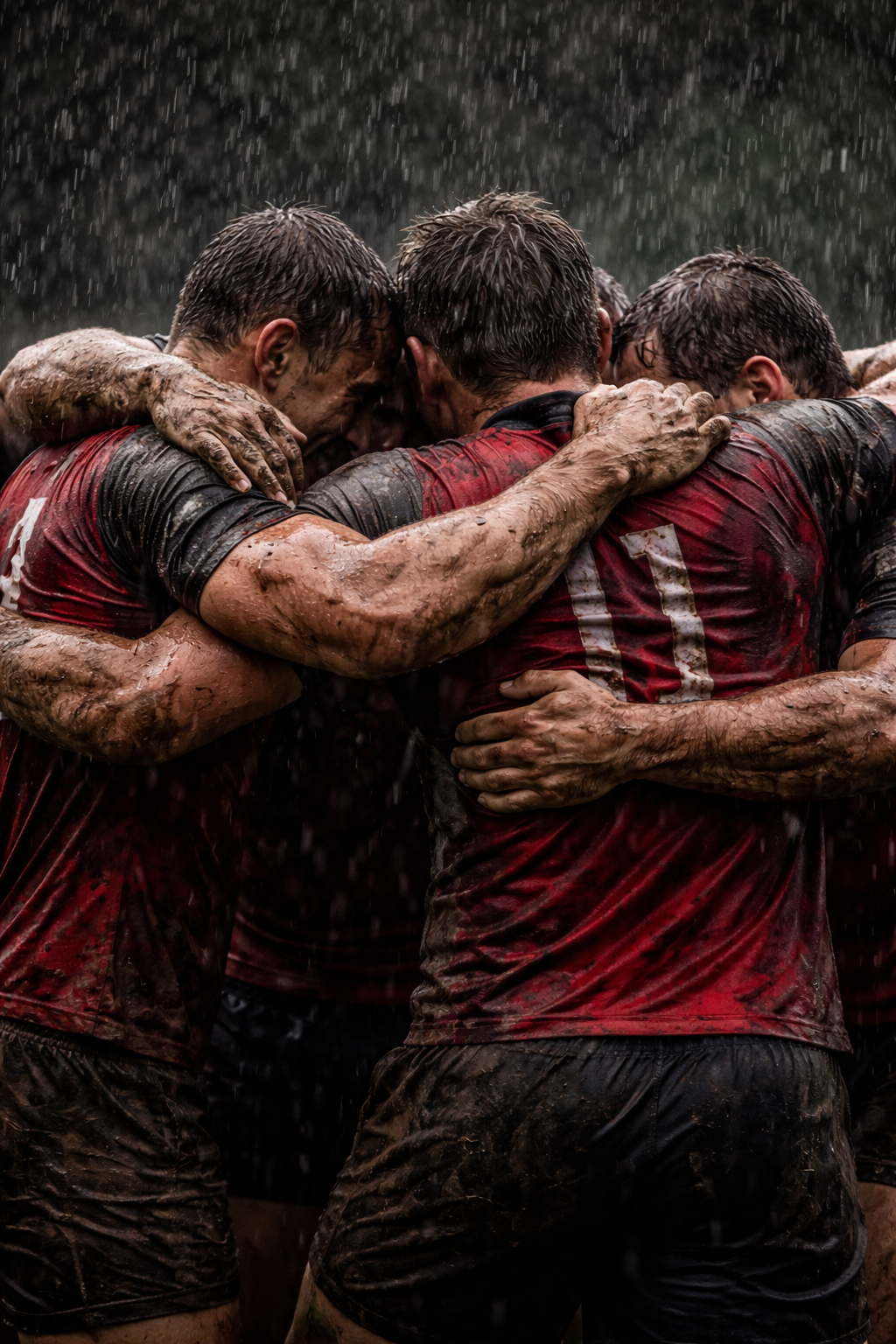 Giocatori di rugby con maglie rosse ammassati insieme, coperti di fango sotto la pioggia.