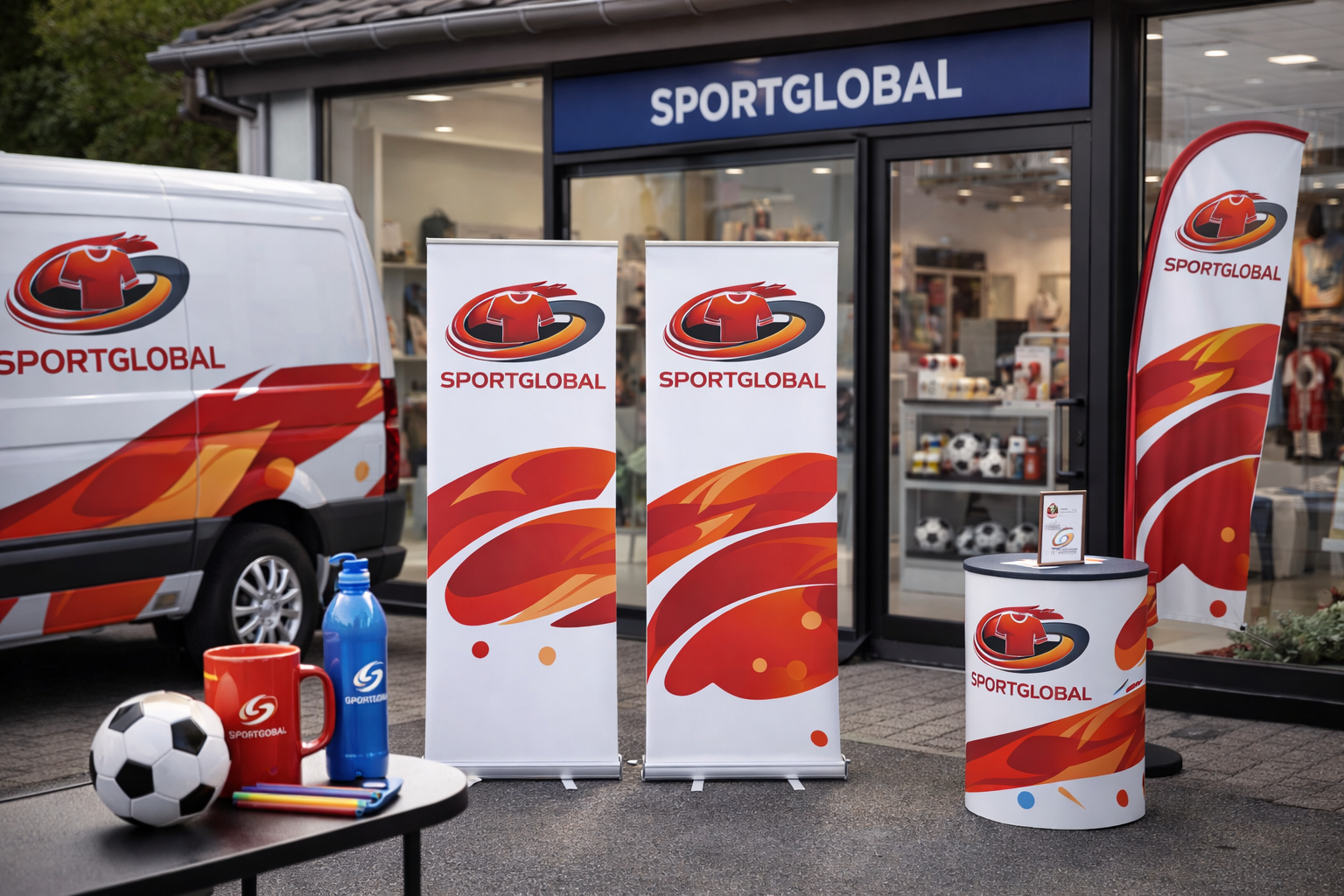 Negozio di articoli sportivi SportGlobal con furgone, striscioni e gadget brandizzati; logo rosso e arancione.