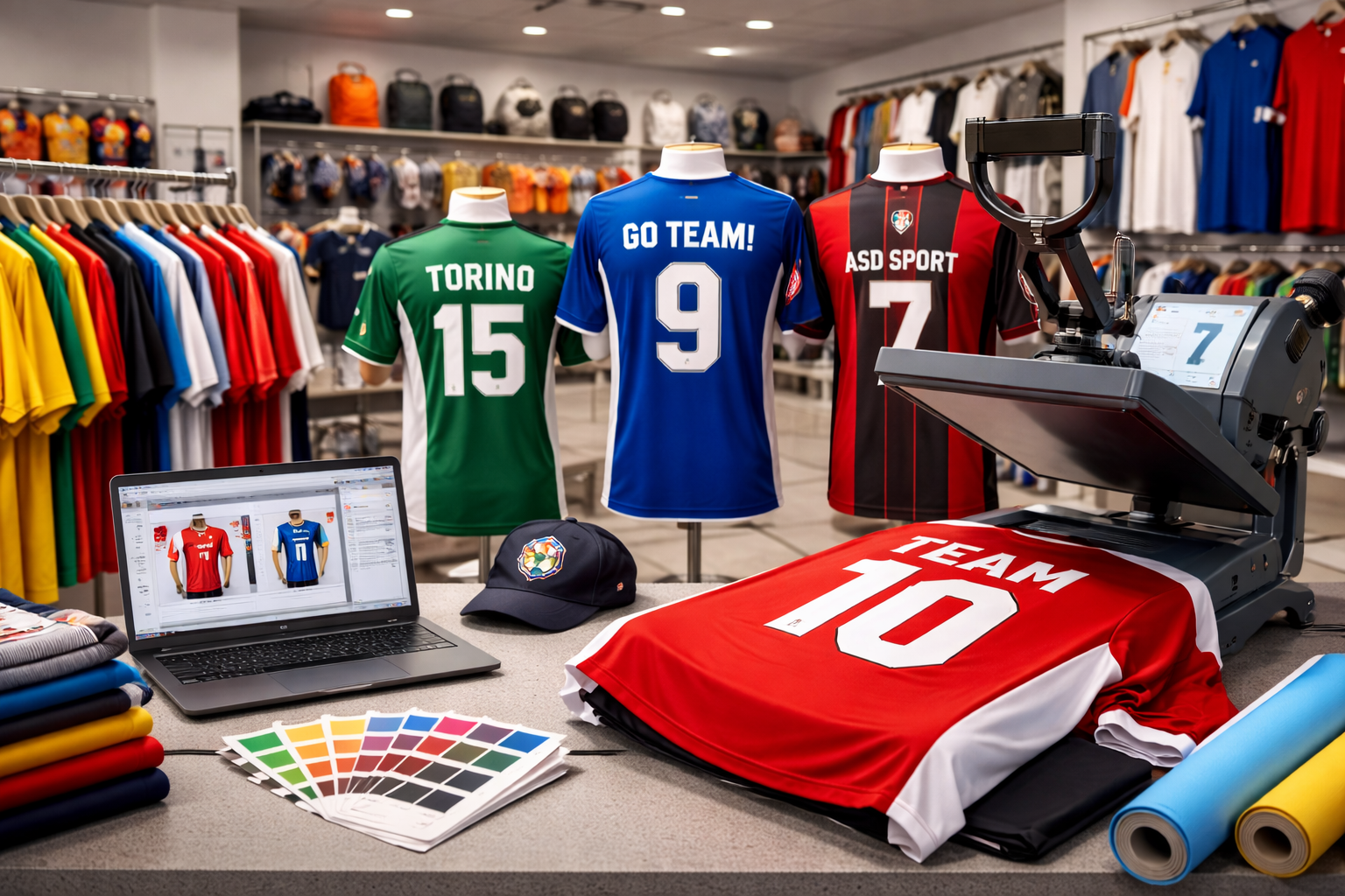 All'interno di un negozio, maglie su manichini, macchina per la stampa a caldo, computer portatile, campioni di colore.