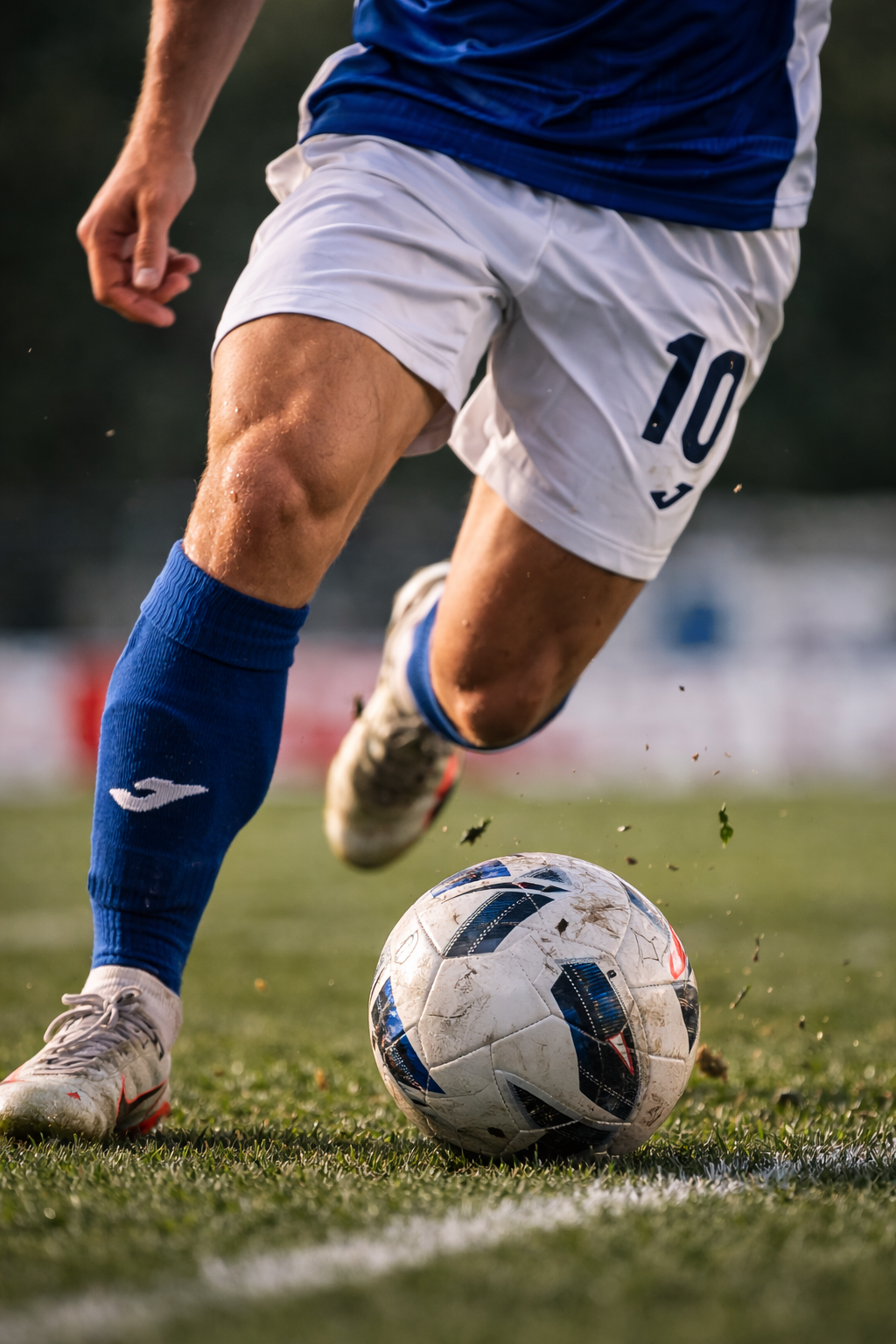 Calciatore che calcia un pallone su un campo verde, indossando pantaloncini bianchi, calzini blu e una maglia con il numero 10.