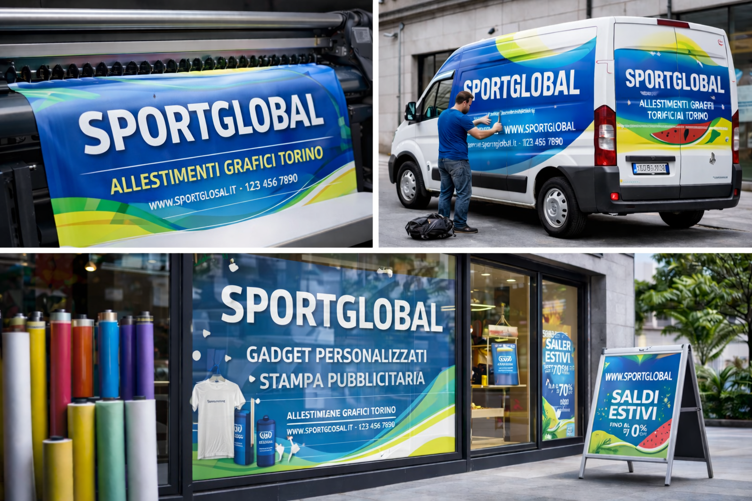 Logo SportGlobal su una tazza, uno striscione e un cartello; grafica rossa su maglietta con dettagli arancioni e grigi.