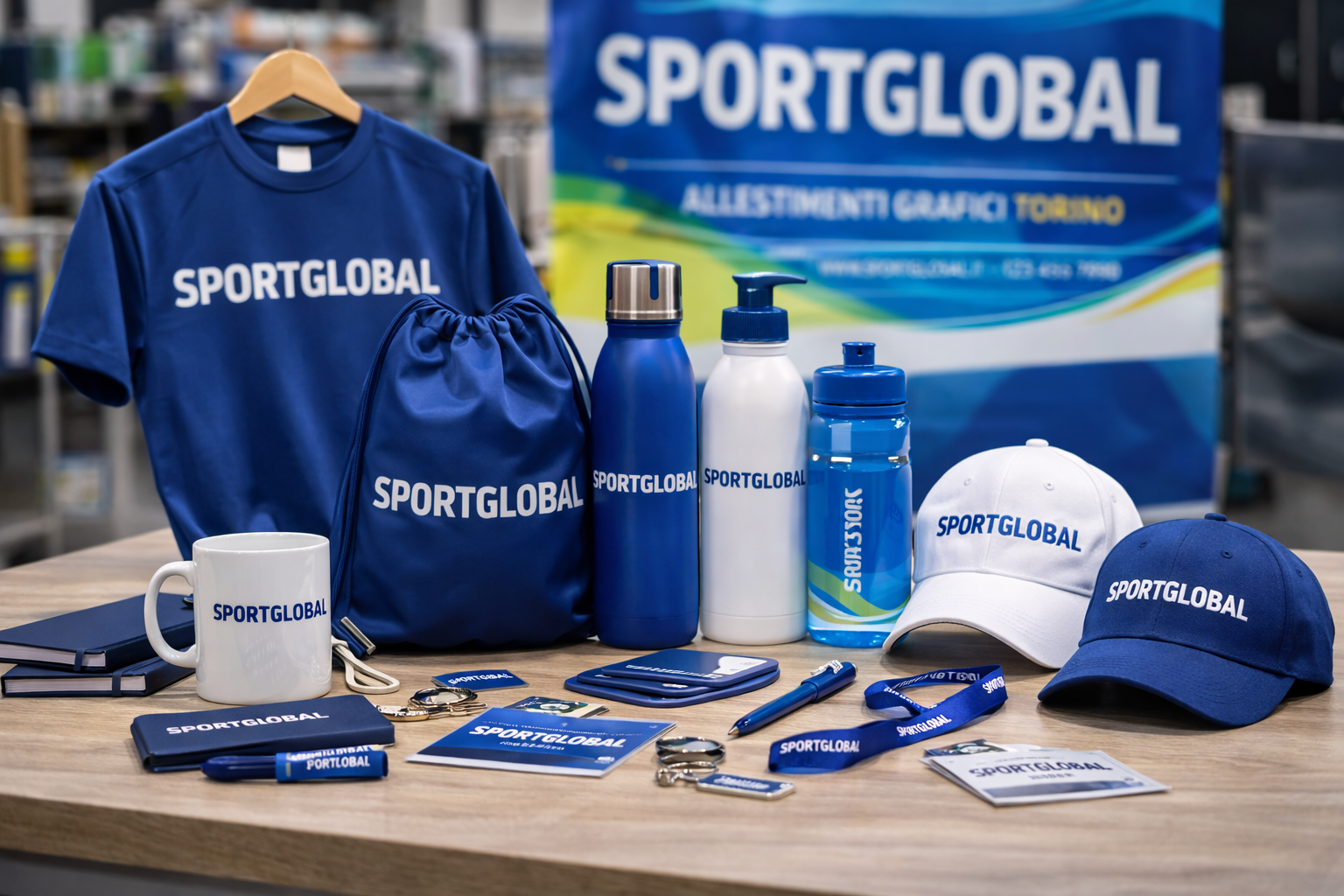 Logo SportGlobal su una tazza, uno striscione e un cartello; grafica rossa su maglietta con dettagli arancioni e grigi.