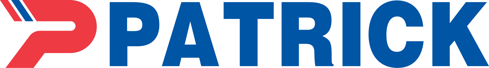 Logo di Patrick in blu con il logo "P" rosso sulla sinistra.