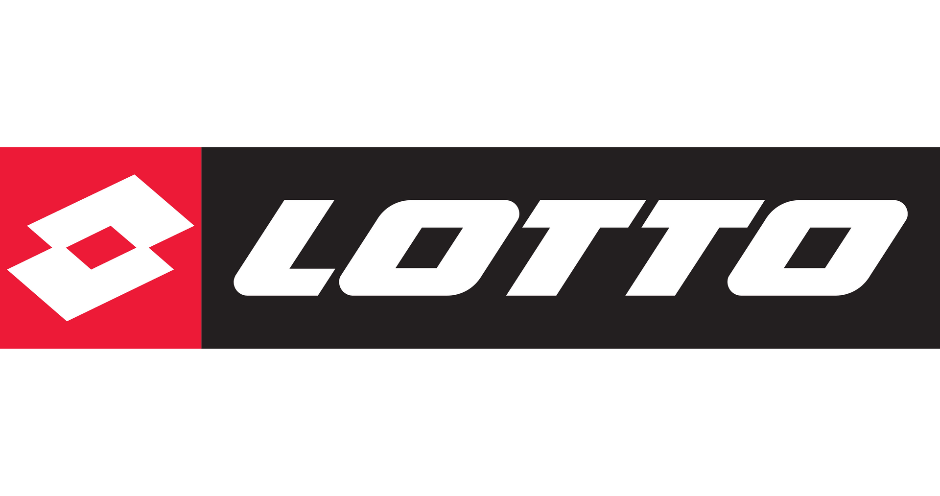 Logo del Lotto con forma di diamante rosso e bianco su rettangoli neri e rossi, testo "LOTTO".